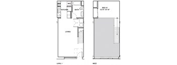 A floor plan shows a bedroom, a bathroom, a kitchen, and a living room.