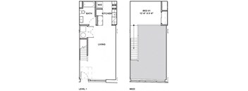 A floor plan shows a bedroom, a bathroom, a kitchen, and a living room.