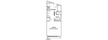 A floor plan of a two level apartment with a living room, kitchen, and bathroom.