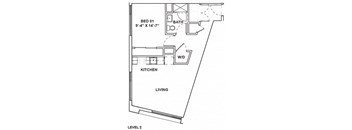 A floor plan of a two level home with a living room, kitchen, and two bedrooms.