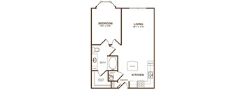 A floor plan of a home with a bedroom, living room, kitchen, and bathroom.