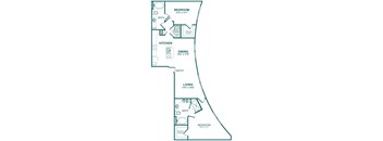 A floor plan of a home with a living room, kitchen, dining room, and two bedrooms.