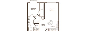A floor plan of a home with a bedroom, living room, dining room, kitchen, and bathroom.