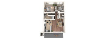 A 3D floor plan of a small apartment with a kitchen, living room, and bathroom.