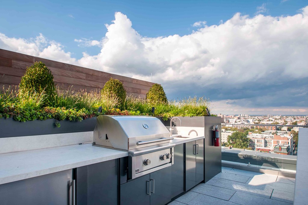 a barbecue grill on a rooftop with a view of the city