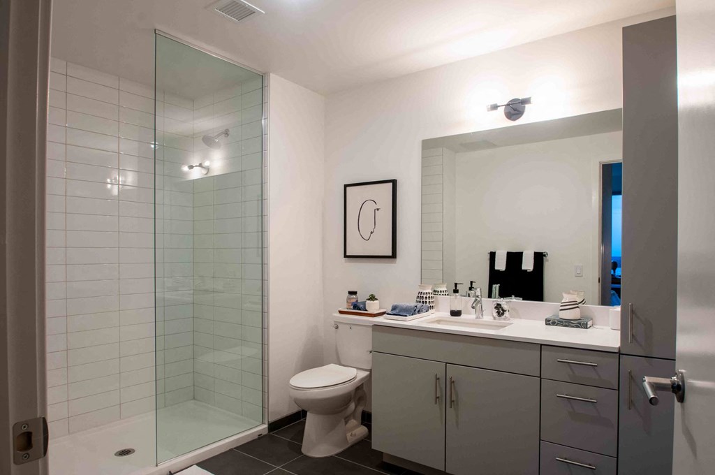 a bathroom with a shower and a sink and a toilet