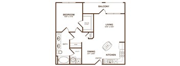 A black and white floor plan of a home with a bedroom, bathroom, living room, dining area, kitchen, and balcony.