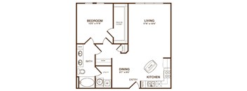 A black and white image of a house floor plan with a bedroom, living room, kitchen, dining room, bathroom, and entry.