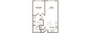 A floor plan of a small apartment with a bedroom, living room, kitchen, bathroom, and pantry.