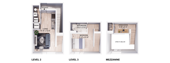 three floor plans of a small house with a bathroom and a living room
