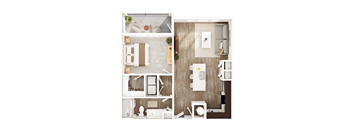 A top-down view of a living room, kitchen, and bathroom layout.