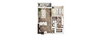A detailed floor plan of a modern apartment with a kitchen, living room, and bathroom.