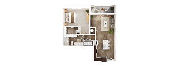 A floor plan of a small apartment with a kitchen, living room, and bathroom.