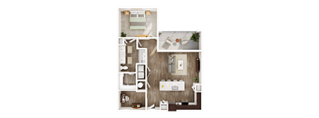 A top-down view of a house layout with a bedroom, living room, kitchen, and bathroom.