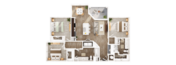 A detailed 3D floor plan of a two-story house with labeled rooms.