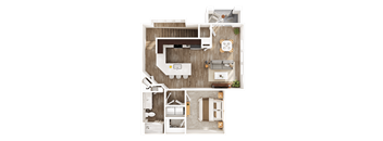 A top-down view of a house layout with a living room, kitchen, and two bedrooms.