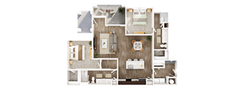 A top-down view of a house layout with a kitchen, living room, and bedrooms.