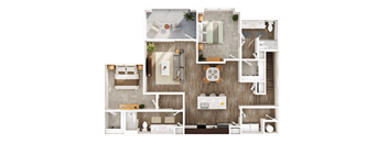 A top-down view of a house layout with a living room, kitchen, and bedrooms.