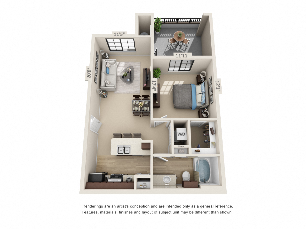 A1, 1 br, 1 ba 685 sq. ft.