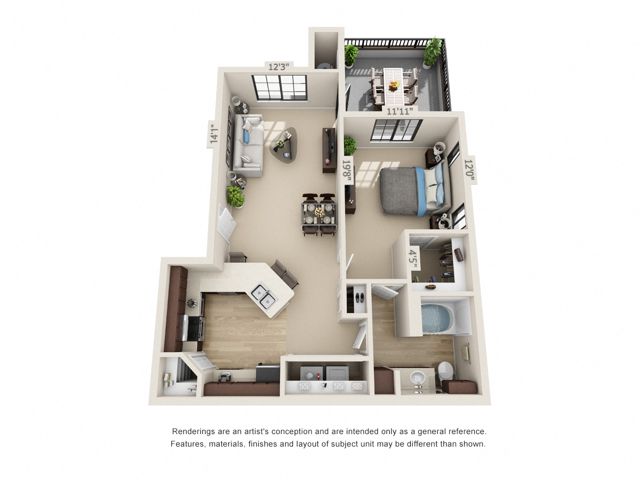 A2, 1 br, 1 ba 842 sq. ft.