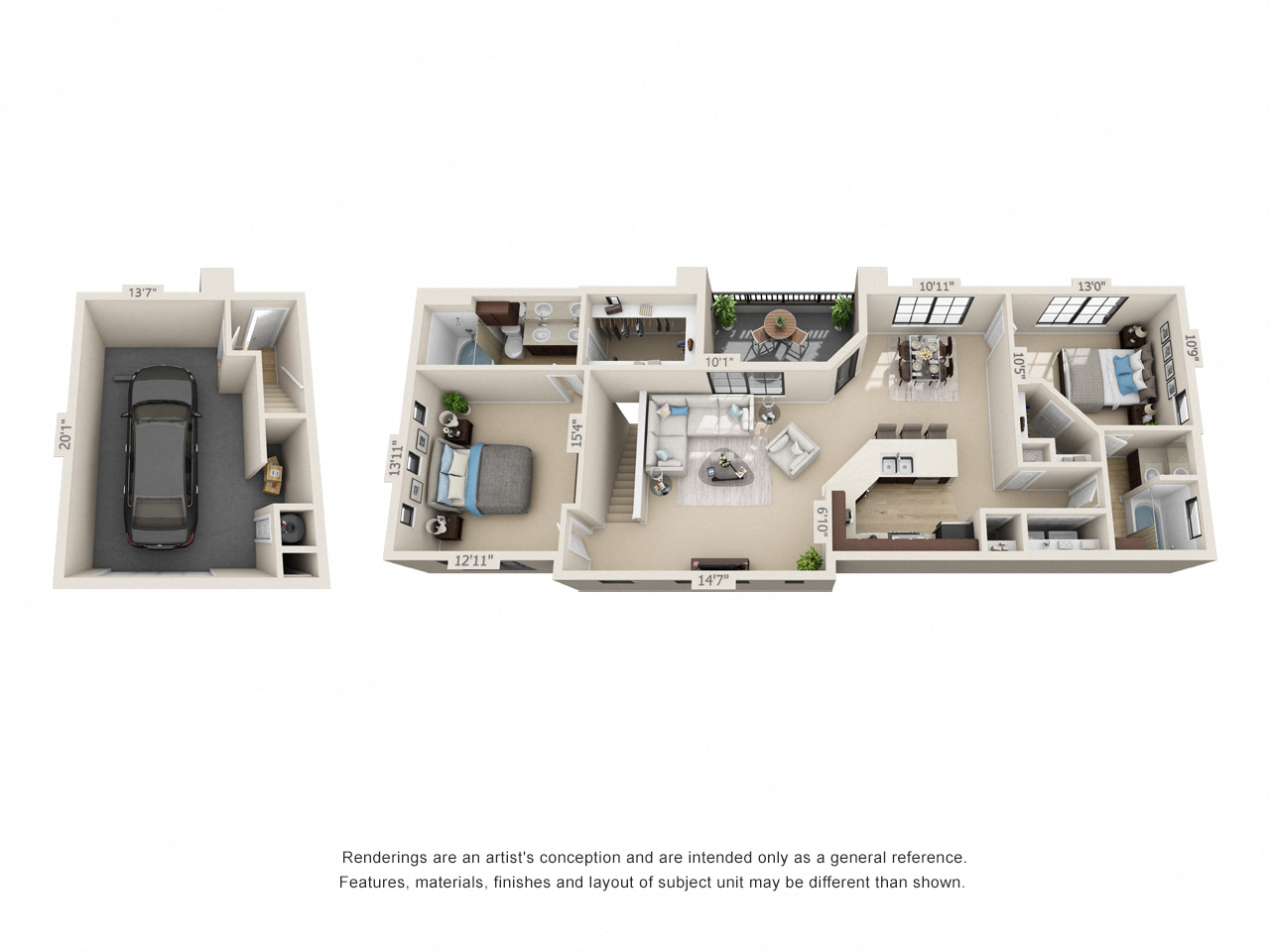 B3 Loft with Garage, 2 br, 2 ba 1237 sq. ft.