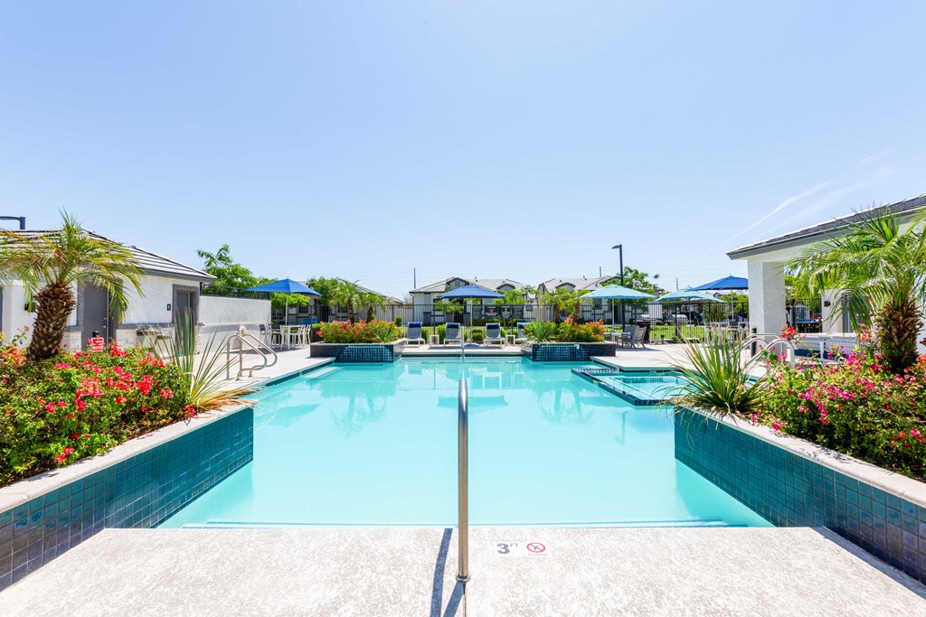A large swimming pool surrounded by palm trees and flowers.