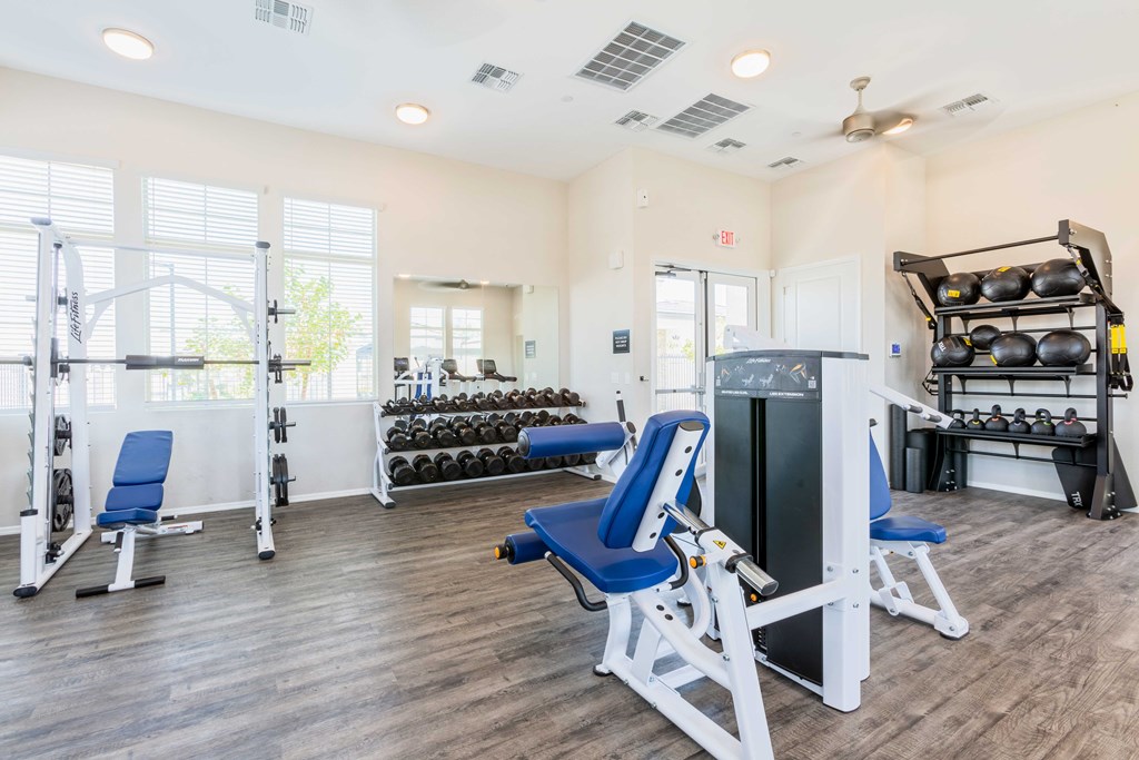 A gym with a variety of equipment including a leg press machine, a squat rack, and a bench press.