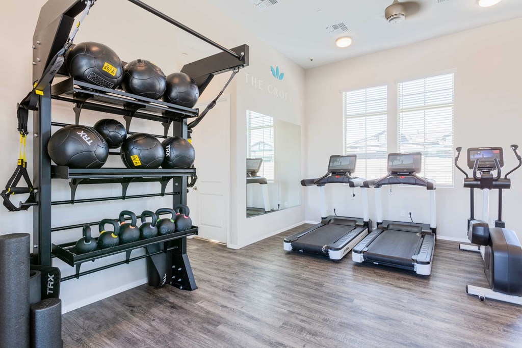 A gym with treadmills, weights, and TRX equipment.