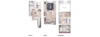 three floor plans of a house with a bedroom and a living room