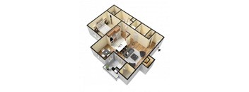 3d floor plan of a home with a bedroom and a living room