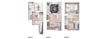 three floor plans of a house with a bedroom and a living room