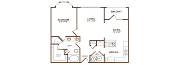 A floor plan of a home with a bedroom, bathroom, kitchen, living room, and balcony.