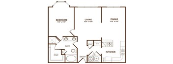 A floor plan of a small apartment with a bedroom, living room, dining room, kitchen, and bathroom.