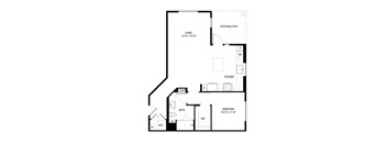 A black and white image of a house floor plan with a living room, kitchen, bathroom, and bedroom.