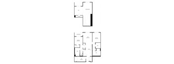 A floor plan of a two-story house with a living room, two bedrooms, a bathroom, and a kitchen.
