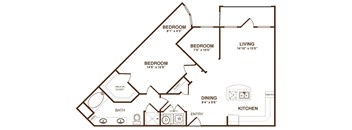 A floor plan of a home with three bedrooms, a living room, a dining area, a kitchen, a bathroom, and a walk-in closet.