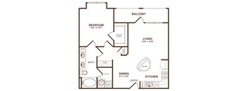 A floor plan of a home with a bedroom, living room, kitchen, dining room, and bathroom.