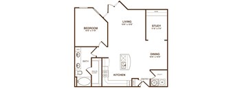 A floor plan of a house with a bedroom, study, dining area, and kitchen.
