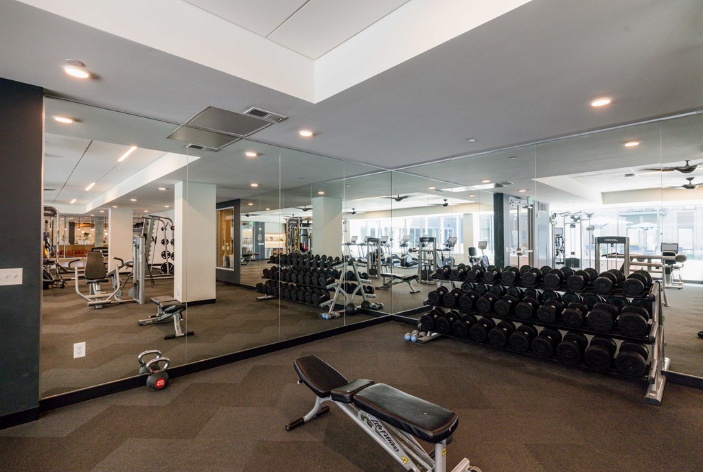 A gym with a variety of equipment including weights and cardio machines.
