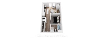 A floor plan of a small apartment with a kitchen, living room, and bathroom.