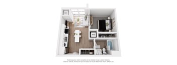 A white and wood themed 3D rendering of a small apartment.