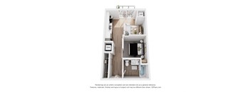 A 3D floor plan of a small apartment with a kitchen, living room, and bathroom.