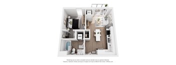 A 3D floor plan of a small apartment with a kitchen, living room, and bathroom.