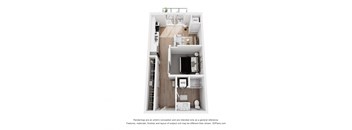 A 3D floor plan of a small apartment with a kitchen, living room, and bathroom.