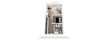 A 3D floor plan of a small apartment with a kitchen, living room, and bathroom.
