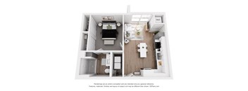 A floor plan of a small apartment with a kitchen, living room, and bathroom.