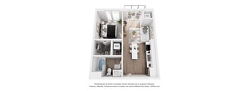 A 3D floor plan of a small apartment with a kitchen, living room, and bathroom.