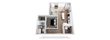 A 3D floor plan of a small apartment with a kitchen, living room, and bathroom.