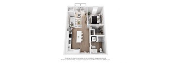 A floor plan of a small apartment with a kitchen, living room, and bedroom.
