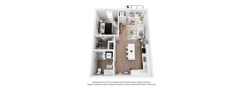 A 3D floor plan of a small apartment with a kitchen, living room, and bathroom.